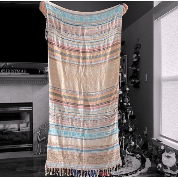Bohemian Wrap Scarf Woven Striped Fringed Aztec Geometric Beige Blue Pink - Picture 13 of 14